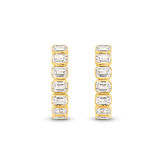 1.9ct Emerald Bezel Hoop Earrings Solid 9ct Yellow Gold Lab Grown Diamonds — top view