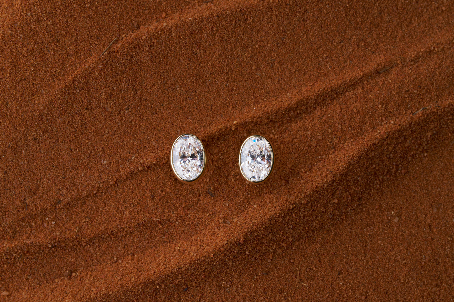 2.8ct Oval Bezel Stud Earrings Solid Yellow Gold Lab Grown Diamonds — front view