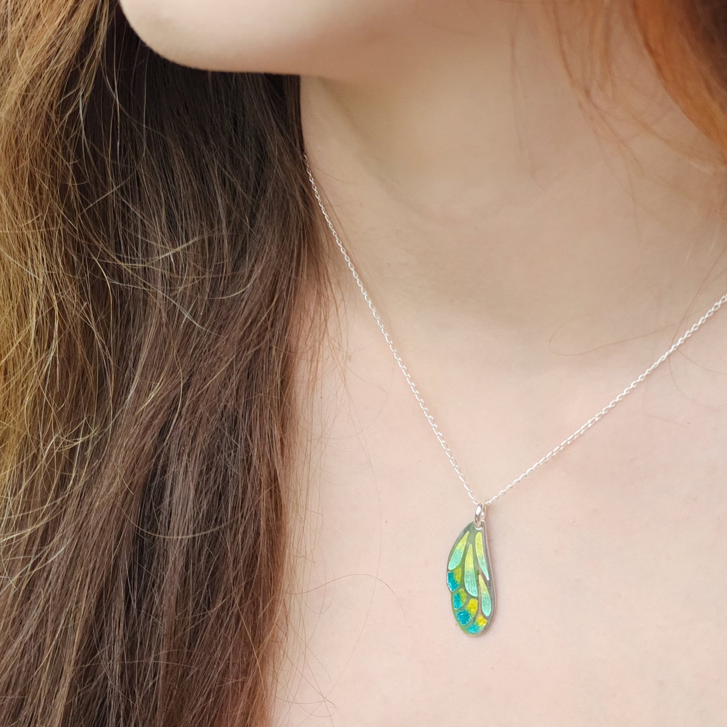 Butterfly Wing Yellow Aqua Champleve Silver Pendant
