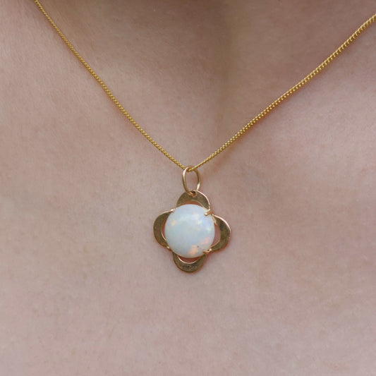 Four Petal Gold Pendant with Australian White Opal