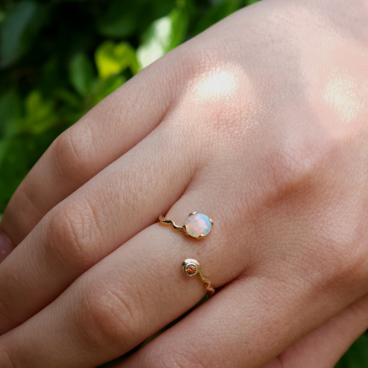Crystal Opal Wavy Gold Ring with Peach Sapphire