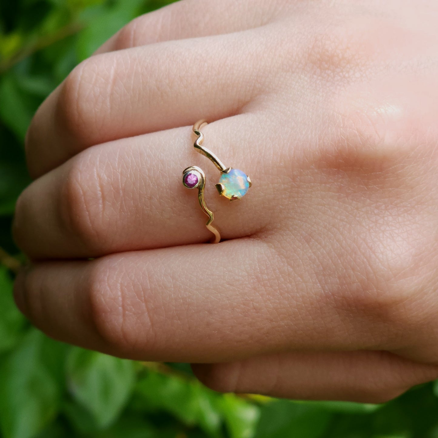 Crystal Opal Wavy Gold Ring with Pink Sapphire