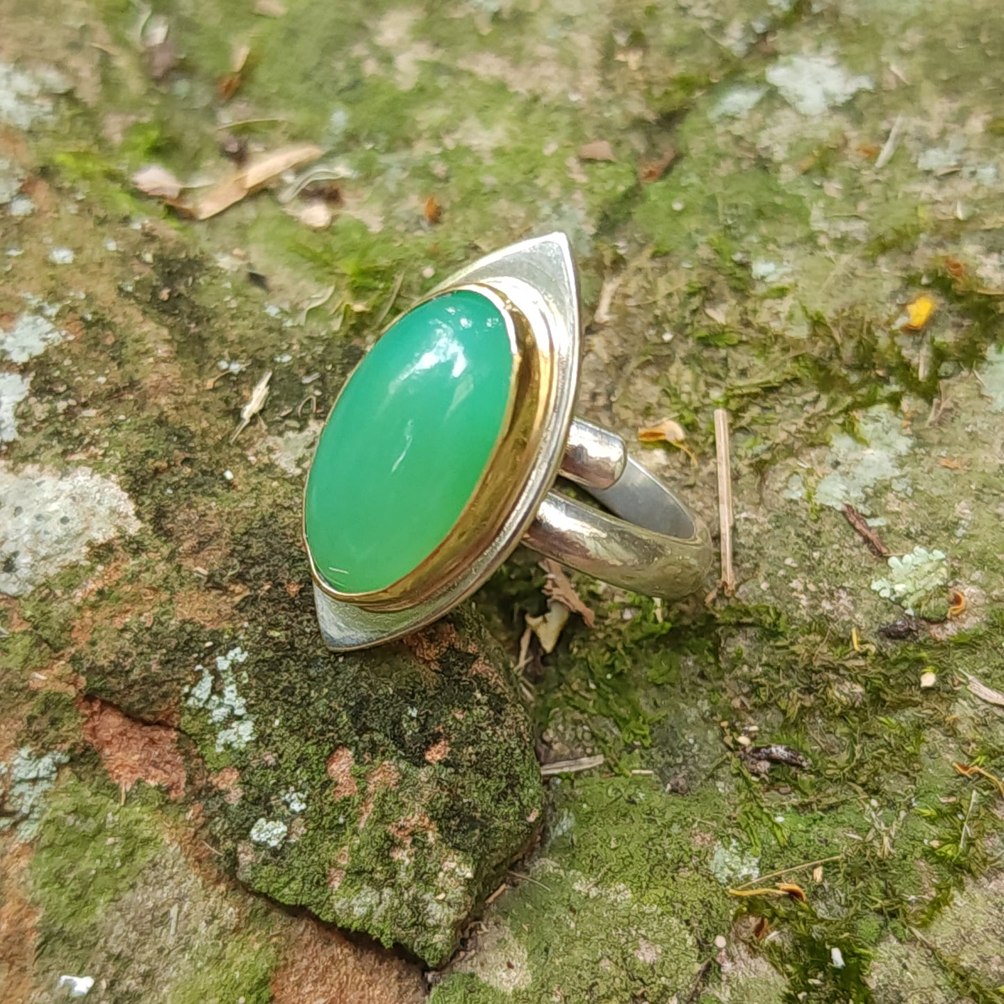Silver & Gold Chrysoprase Jade Ring