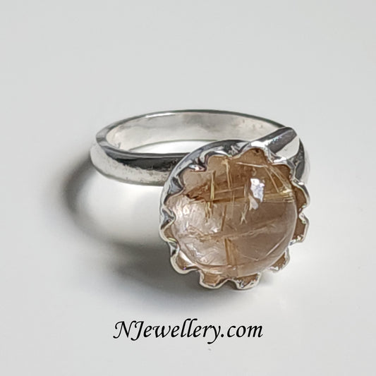 Rutilated quartz flower silver ring