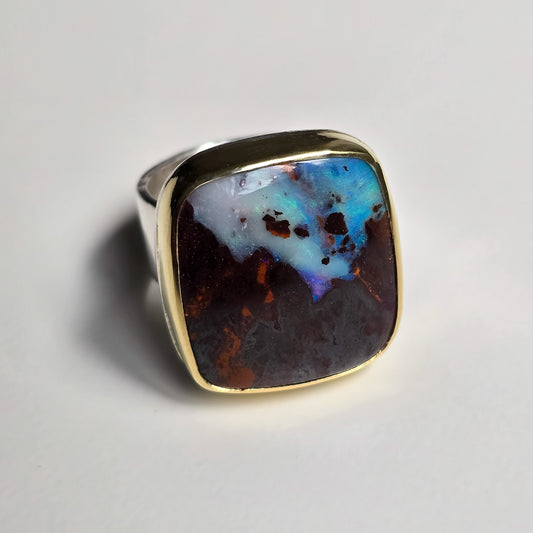 Australian boulder opal 18 carat Gold and Silver Ring