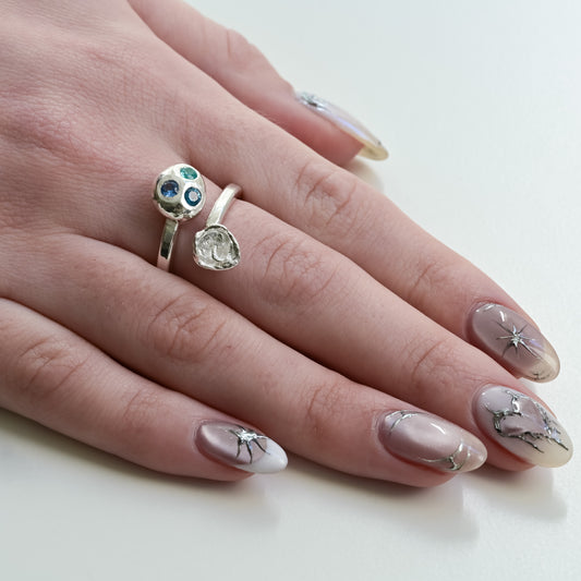 Lilly - Melted Silver Ring blue sapphires — handmade in Australia