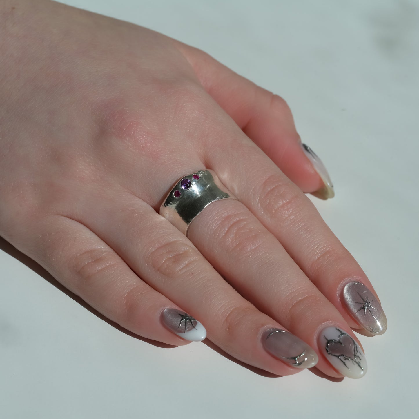 Alternate angle of Band - Melted Silver Ring purple sapphire and rubies