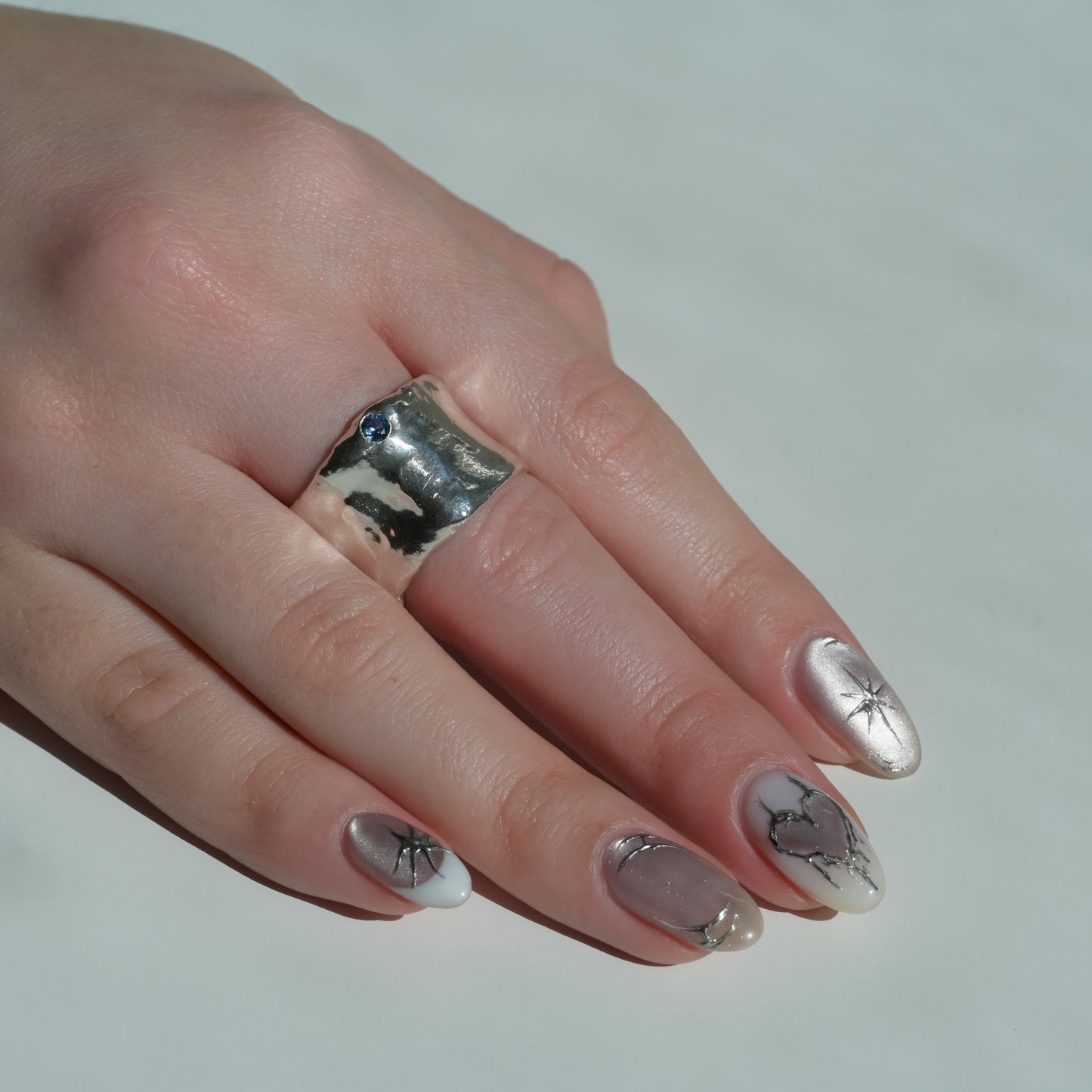 Melted Silver Ring with sapphires and diamond Ocean