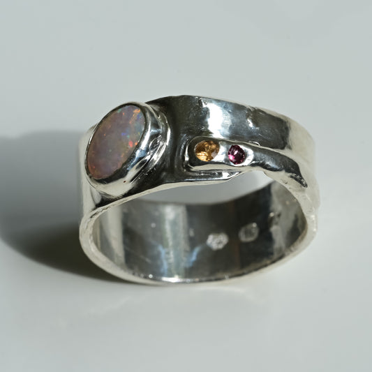 Australian Opal Melted Silver Ring with tourmaline and peach sapphire