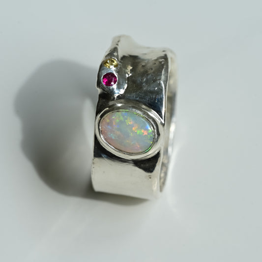 Australian Opal Melted Silver Ring with hot pink tourmaline and sapphire
