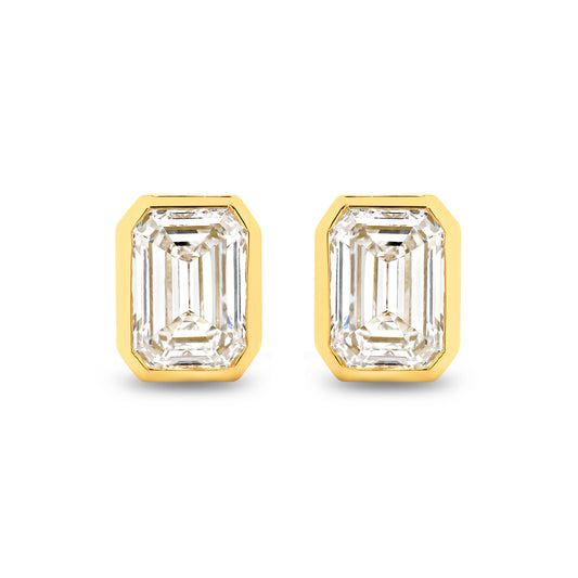 2ct Emerald Bezel Stud Earrings Solid Yellow Gold Lab Grown Diamonds — top view