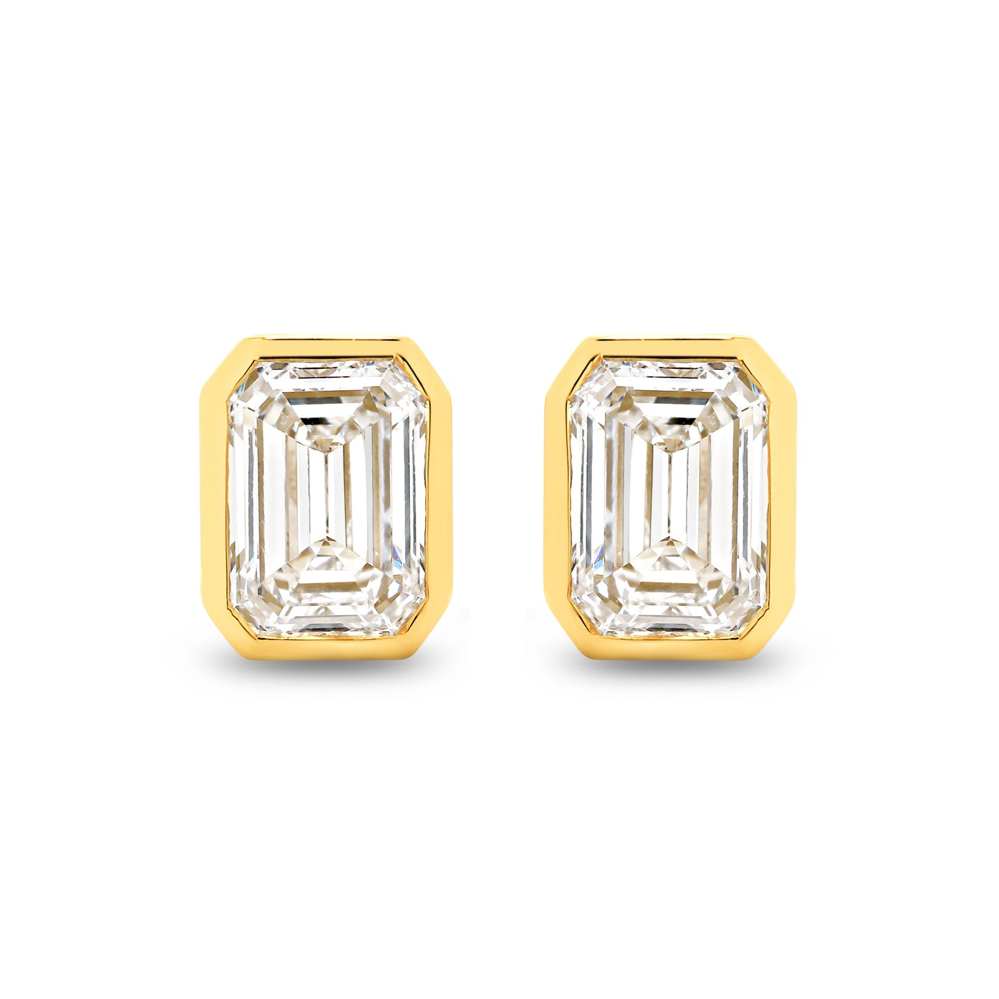 2ct Emerald Bezel Stud Earrings Solid Yellow Gold Lab Grown Diamonds — top view