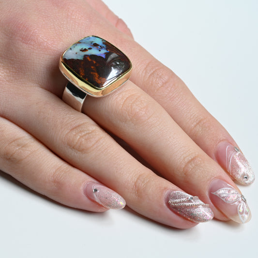 Australian boulder opal 18 carat Gold and Silver Ring