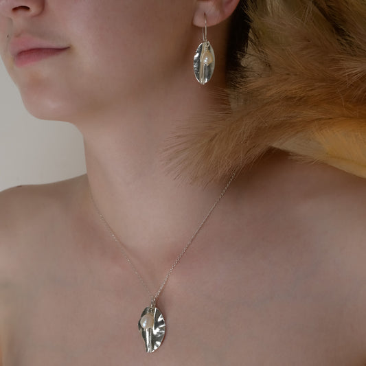 Side view of Freshwater Pearl Leaf Silver Earrings and Pendant