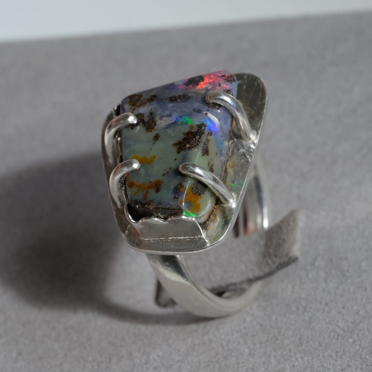 Boulder Opal Asymmetrical Fine Silver Ring