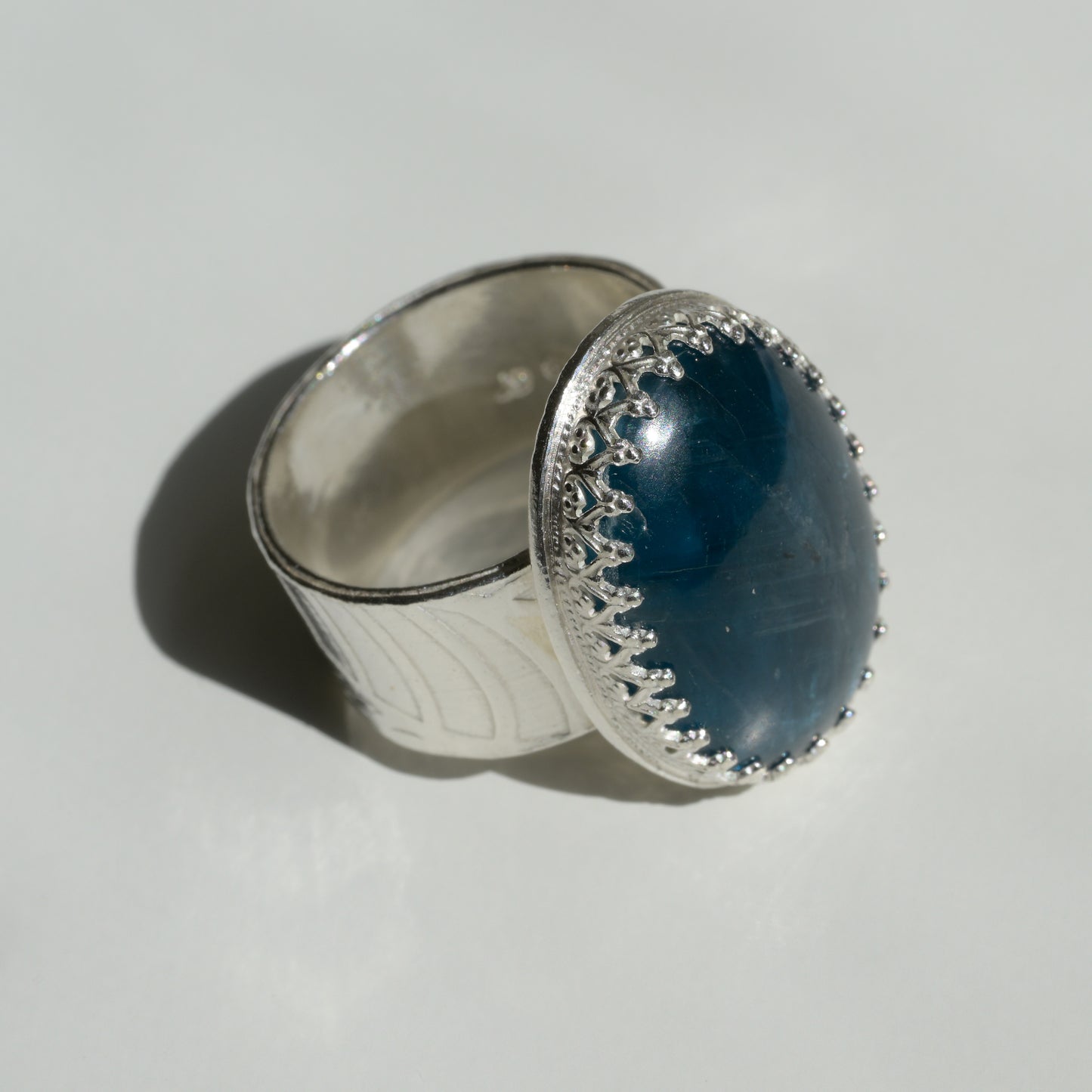 Worn view of Oceanic Dreams Kyanite Ring - Fine Silver Statement Ring