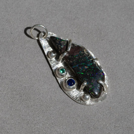 Boulder Opal Cosmos Pendant - Fine Silver & Sapphire Emerald