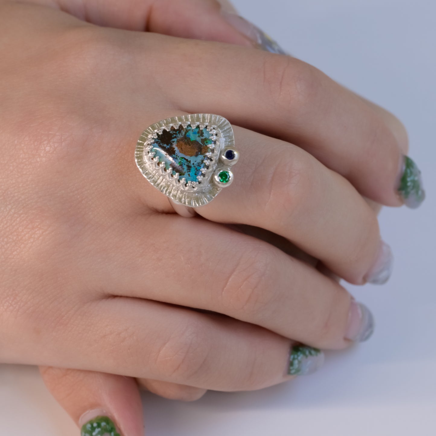 Opal Constellation Ring - Fine Silver with Emerald & Sapphire Stars