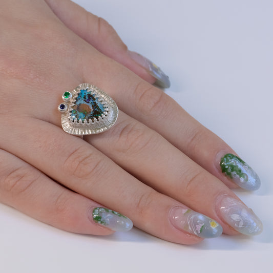 Opal Constellation Ring - Fine Silver with Emerald & Sapphire Stars