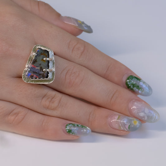 Boulder Opal Asymmetrical Fine Silver Ring