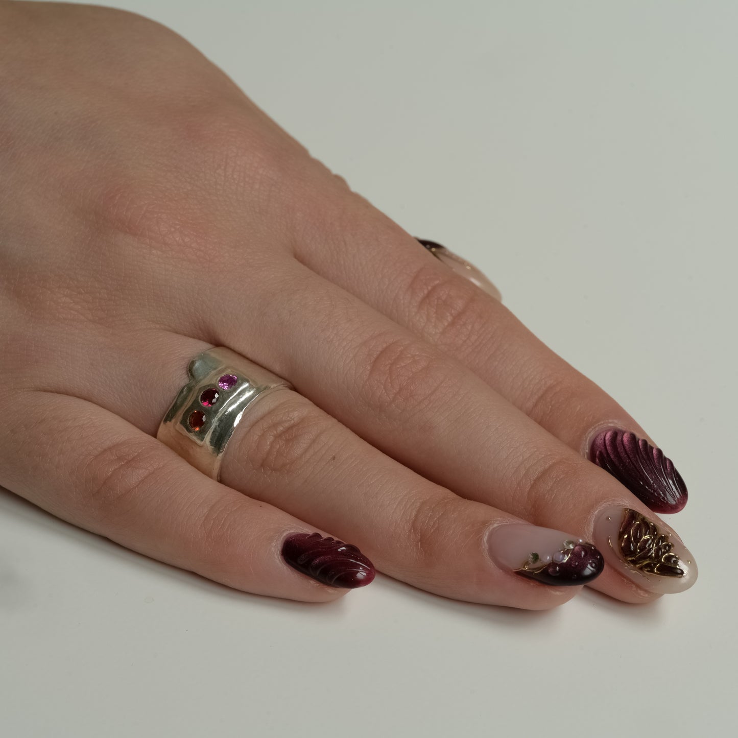 Alternate angle of Ruby Sapphire Fine Silver Ring - Sunset Trio Statement Ring
