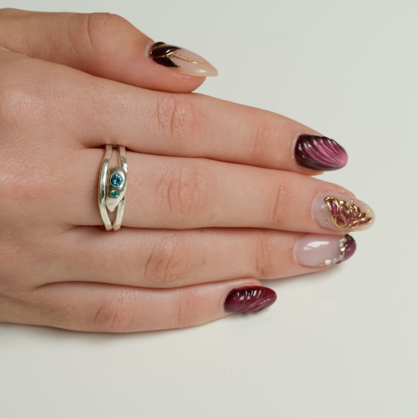 Side view of Aqua Duo Fine Silver Ring