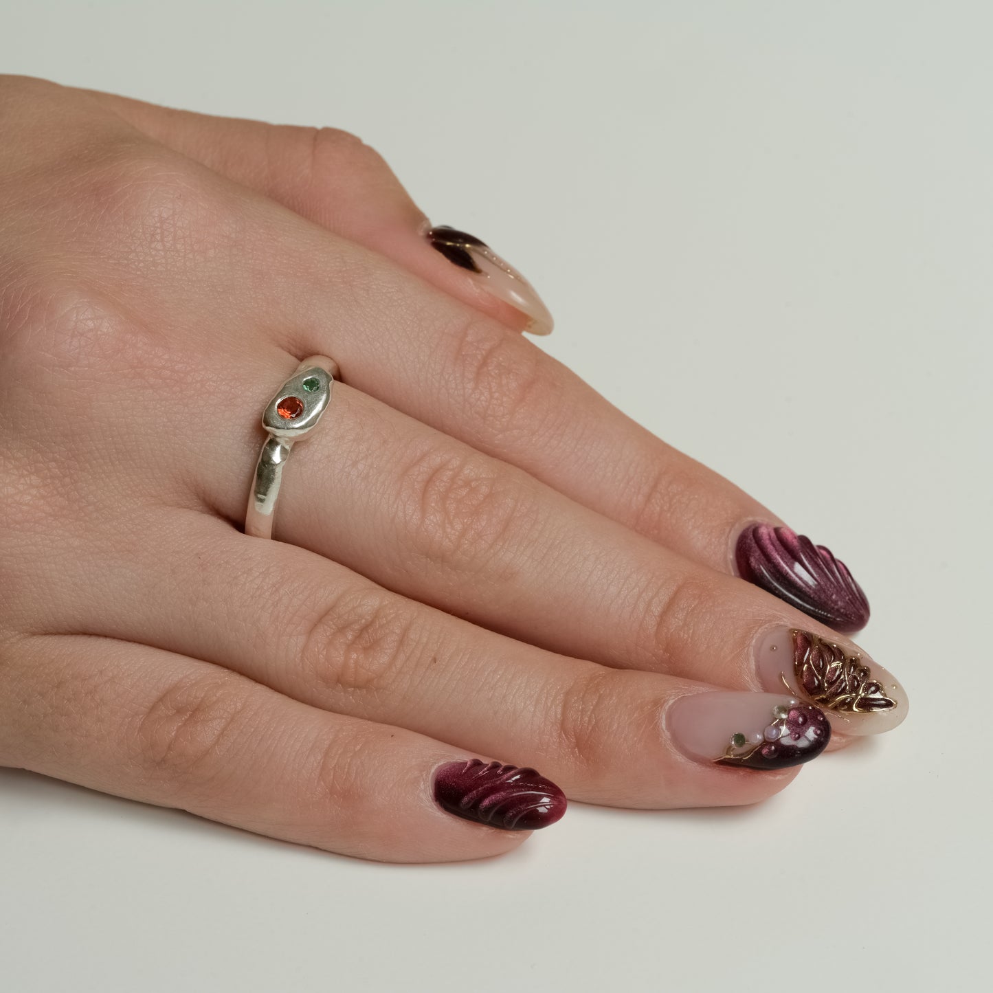 Side view of Fine Silver Twin Stone Ring - Orange Sapphire & Emerald