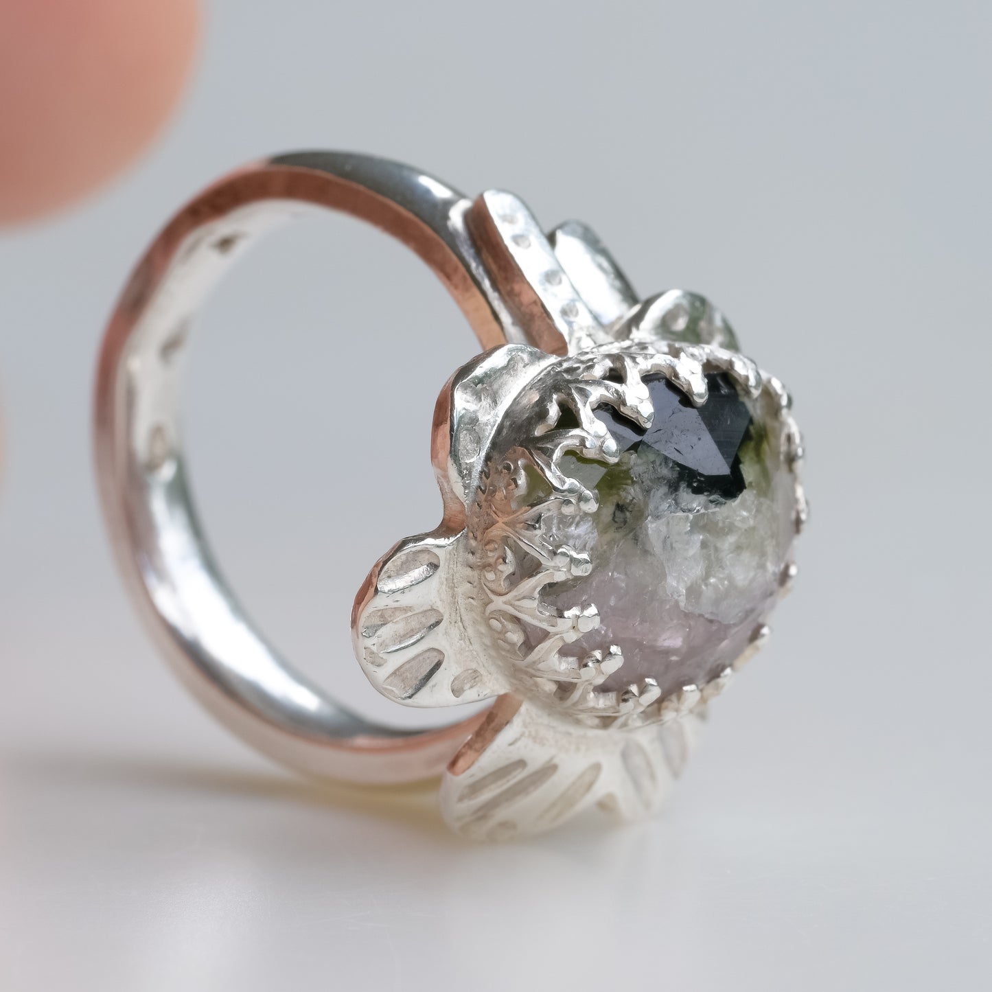 Alternate angle of Watermelon Tourmaline Leaf Ring in Fine Silver