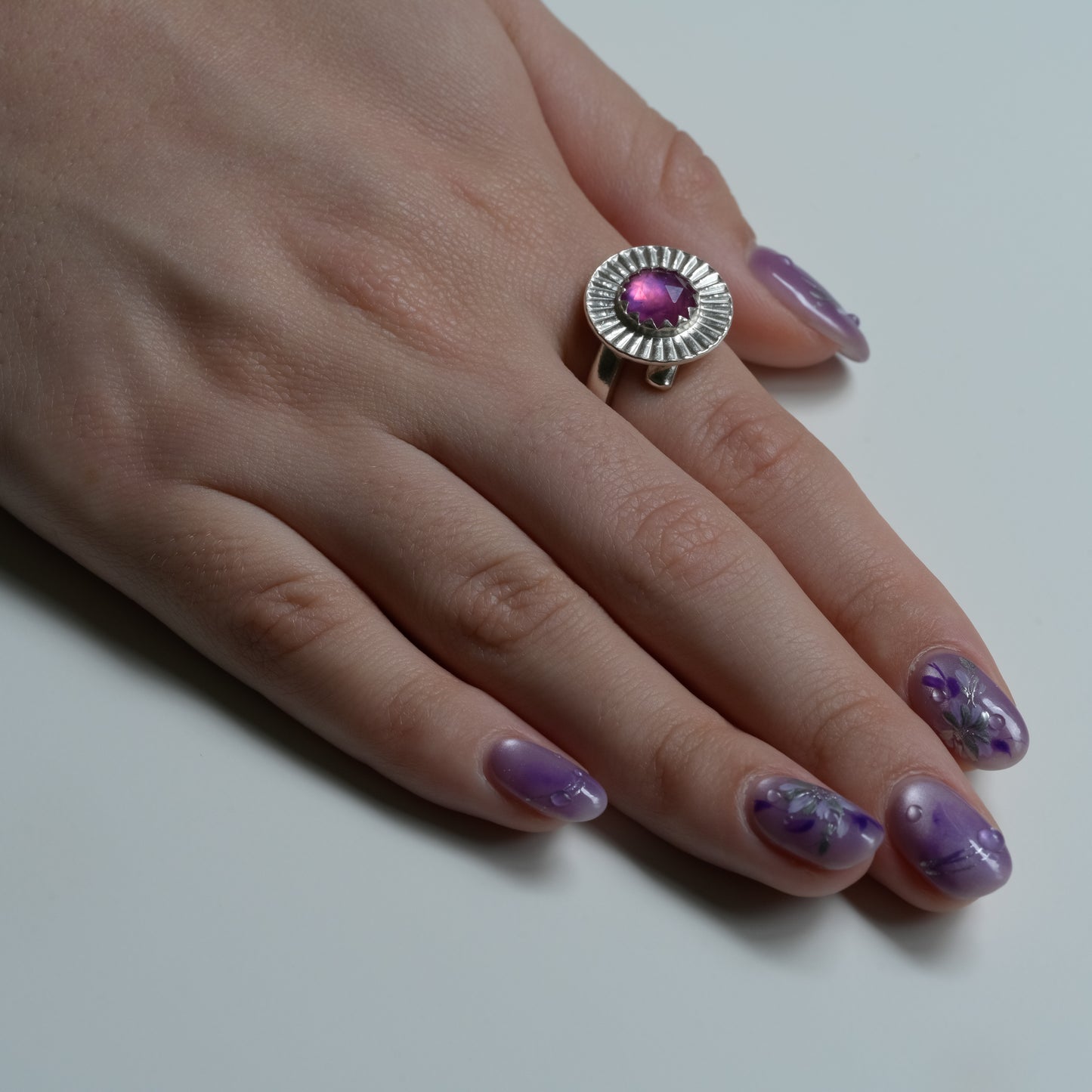 Pink Sapphire Sunburst Ring Fine Silver