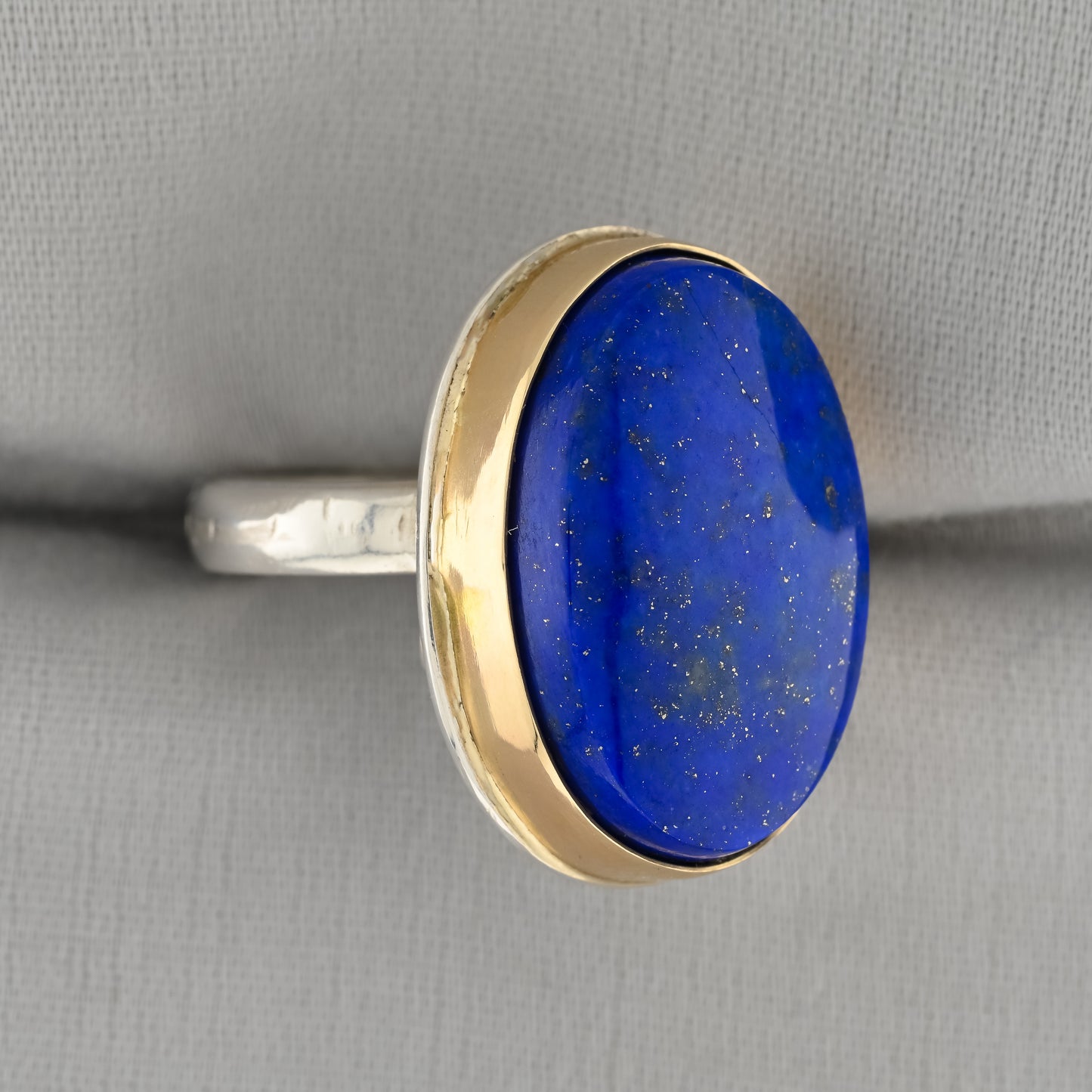Detail close-up of Lapis Lazuli 14 carat Gold and Fine Silver Ring