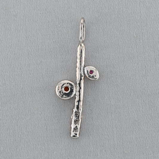 Ruby Sapphire Fine Silver Twig Pendant - Sculptural Nature Art