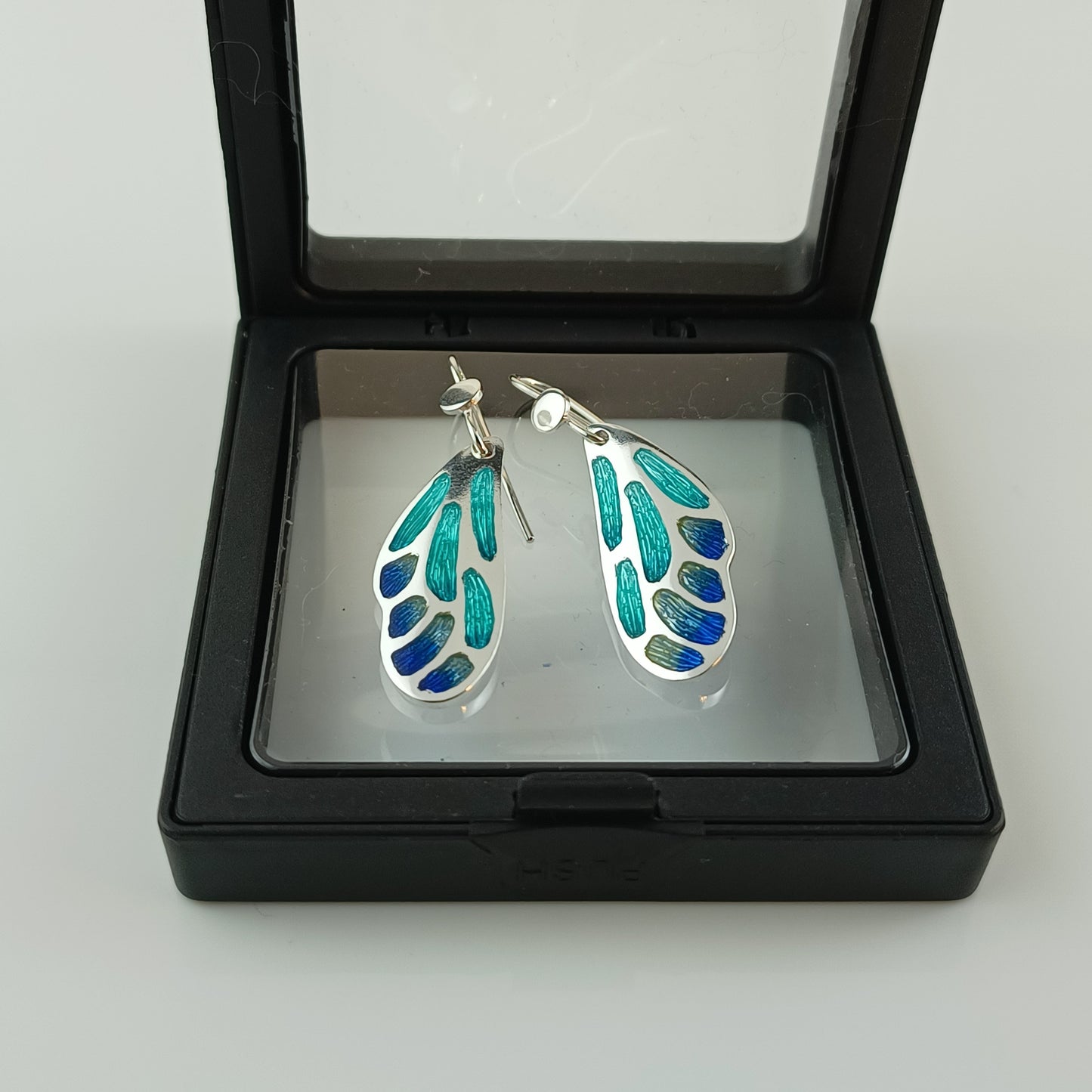 Aqua Blue Butterfly Wing Champleve Silver Earrings