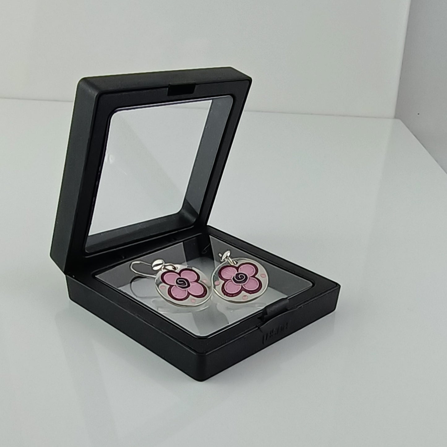Enamel Silver Earrings Cherry Blossom Circles