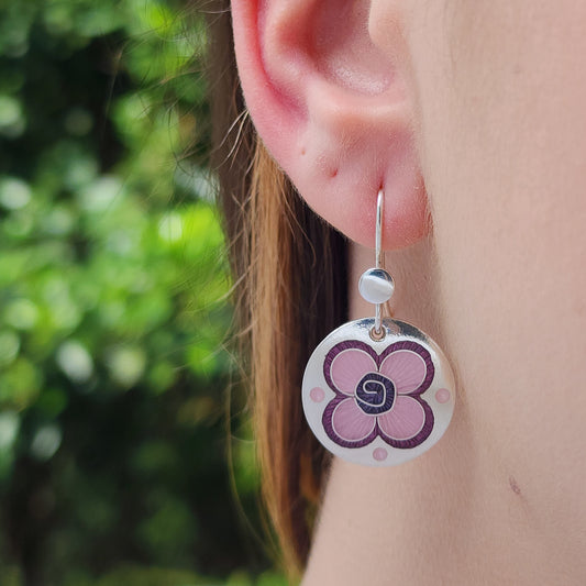 Enamel Silver Earrings Cherry Blossom Circles