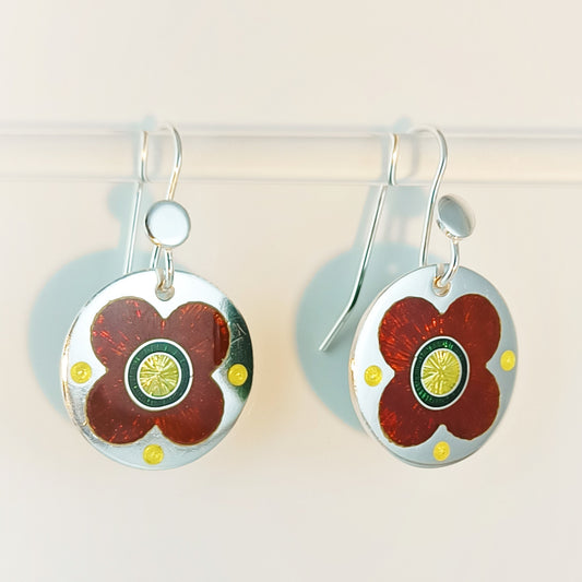 Poppy Flowers Enamel Silver Earrings