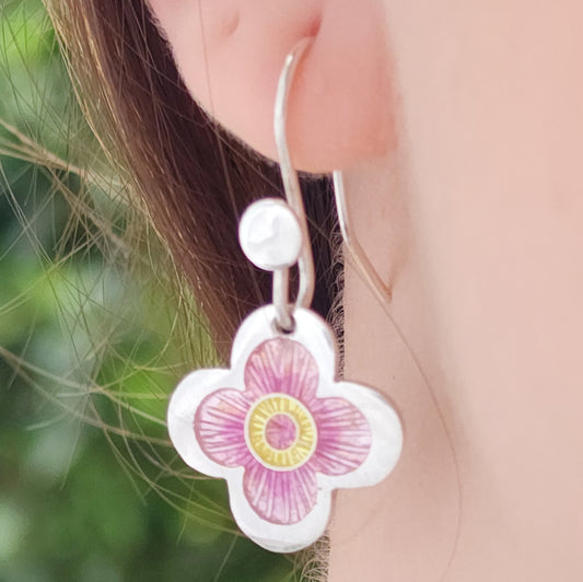 Enamel Silver Earrings Cherry Blossom