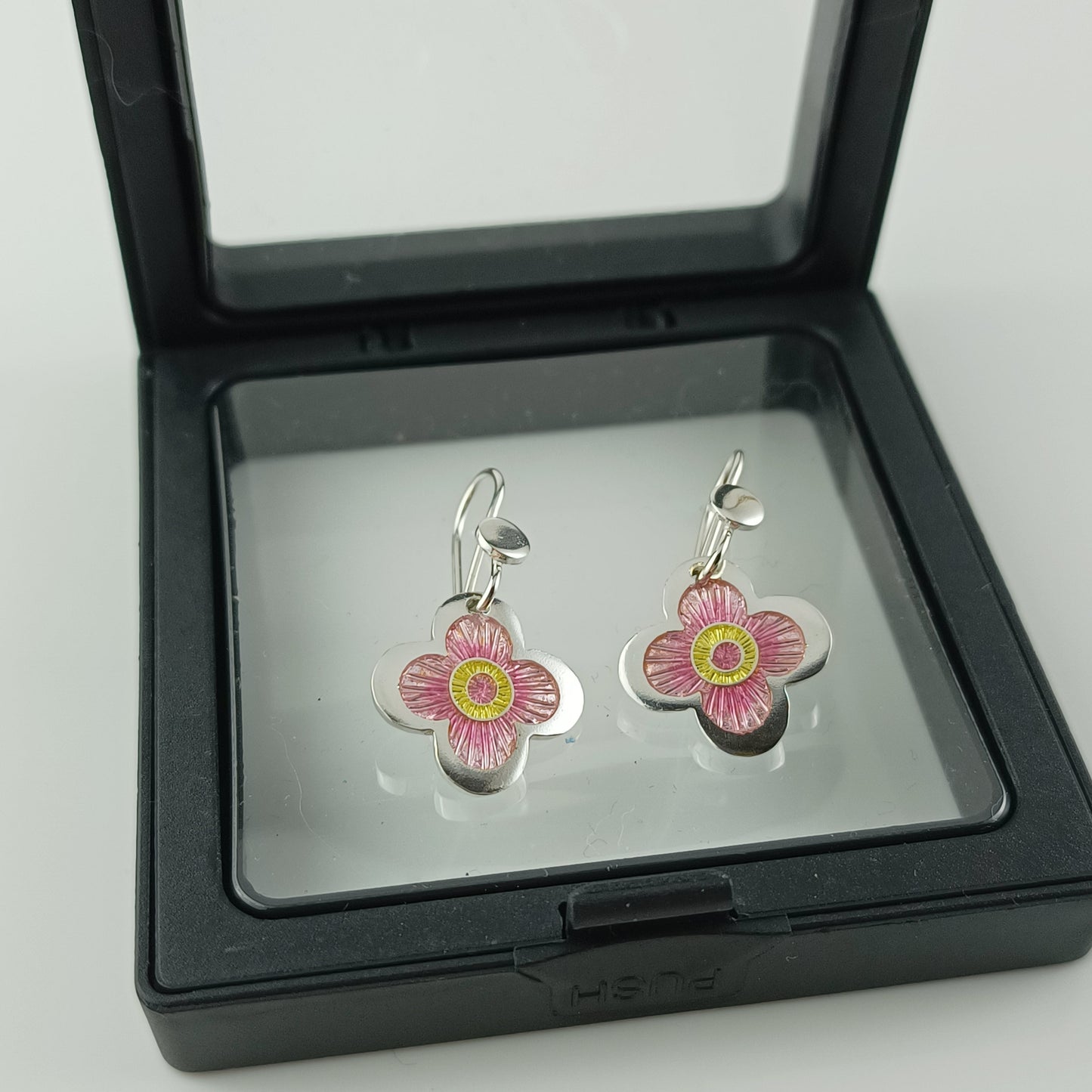Enamel Silver Earrings Cherry Blossom