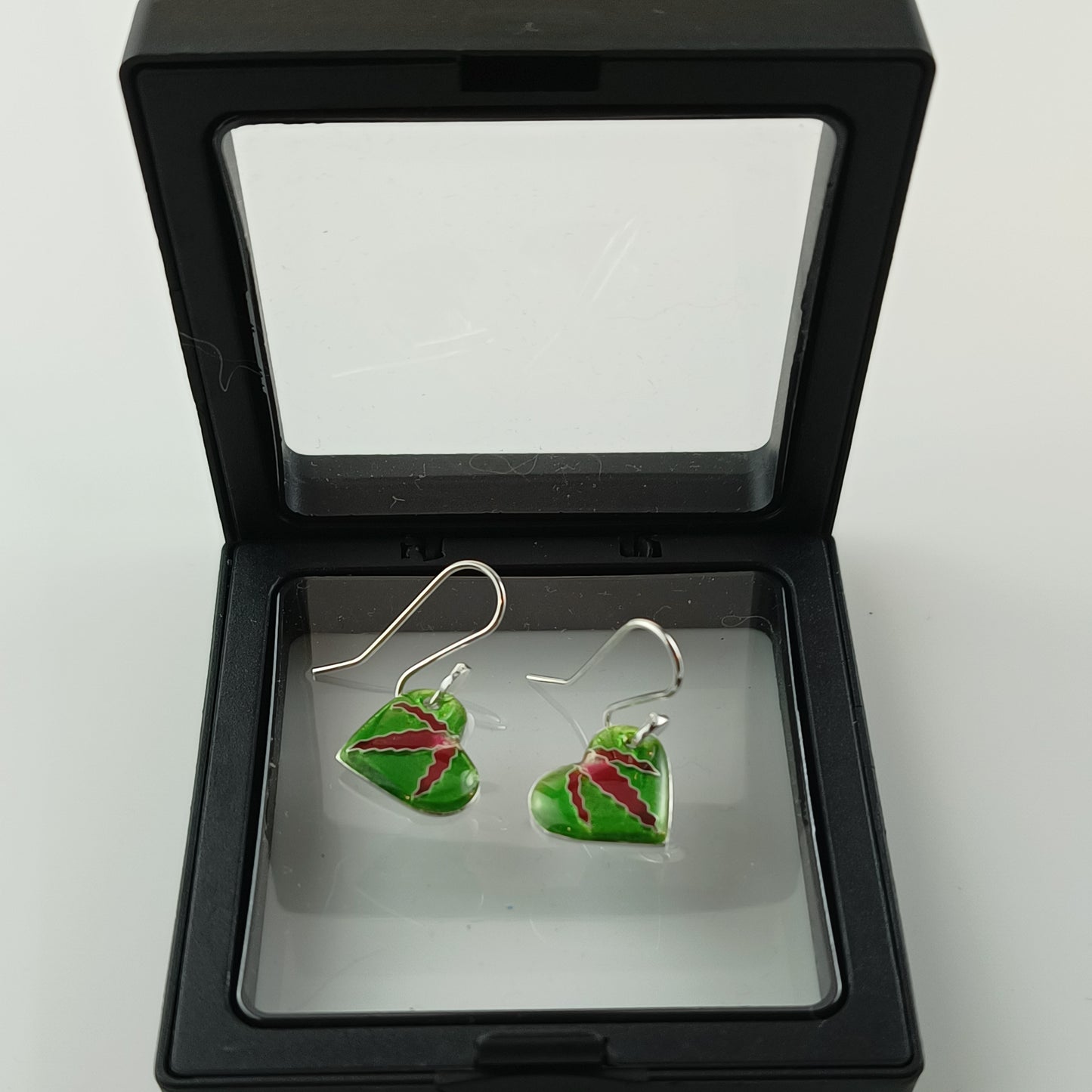 Green Enamel Heart Earrings