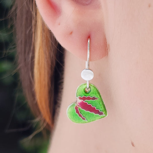 Green Enamel Heart Earrings