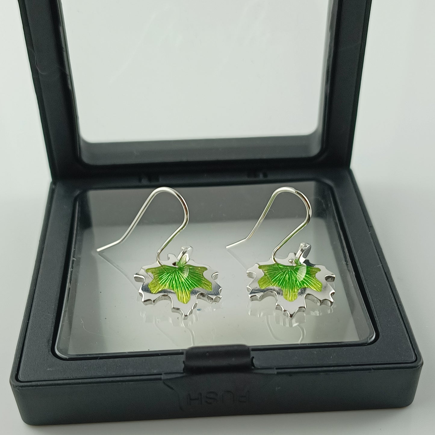 Maple Green Leaves Champleve Enamel Silver Earrings