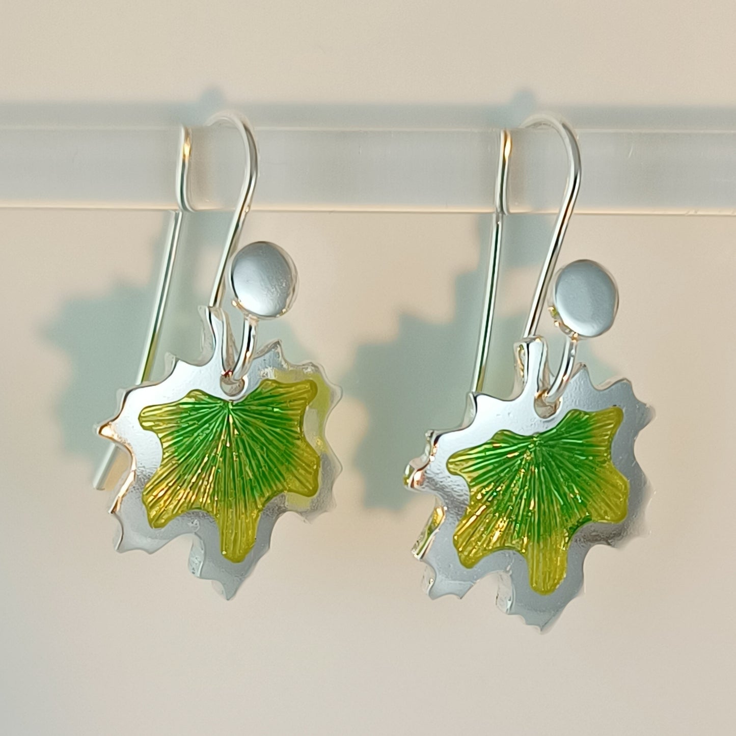 Maple Green Leaves Champleve Enamel Silver Earrings