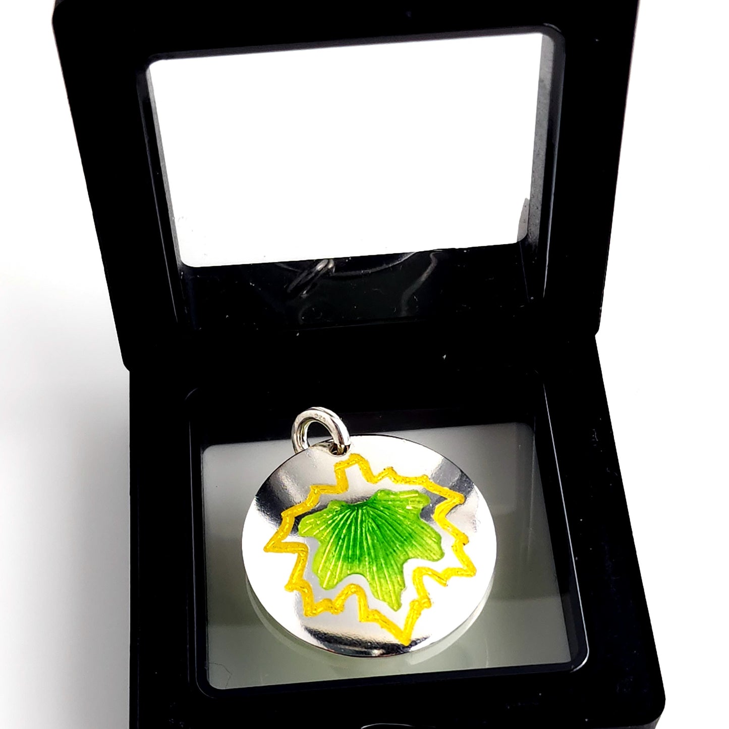Green Maple Leaf Champleve Enamel Silver Pendant