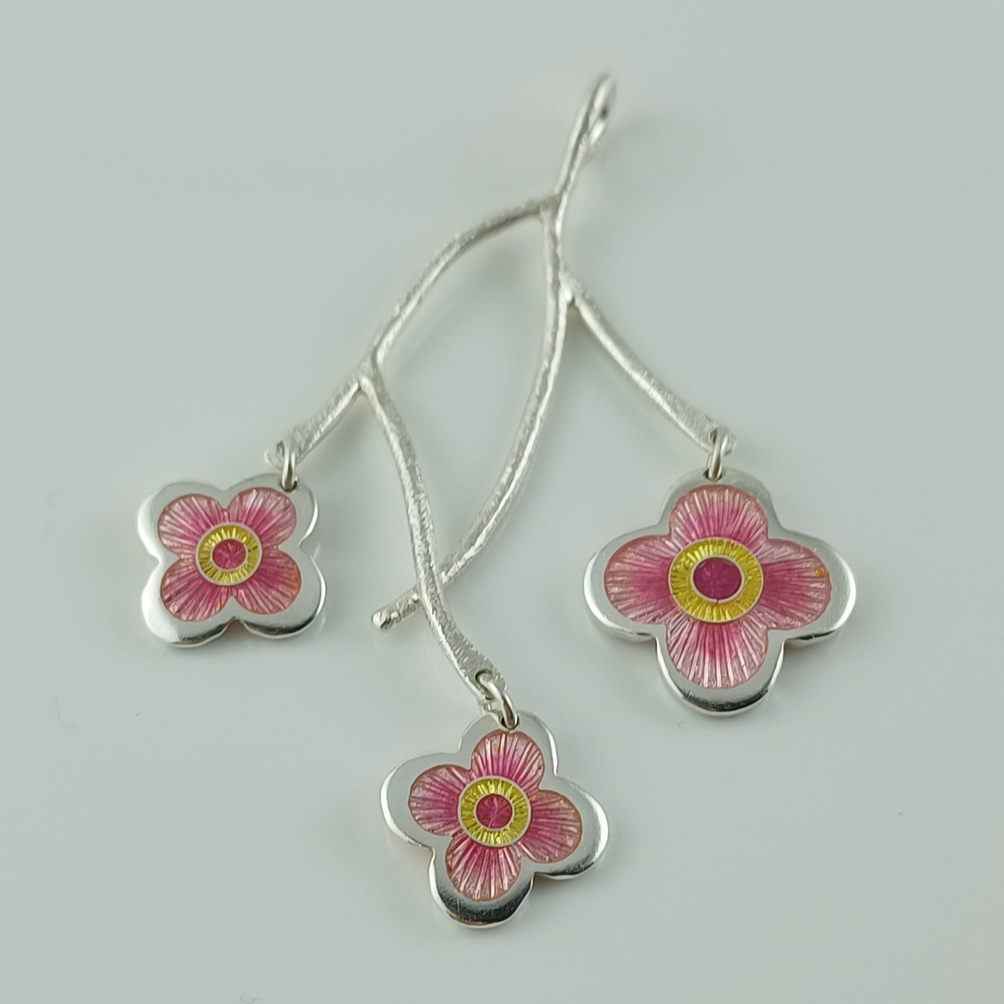Enamel Cherry Blossom Branch Silver Pendant
