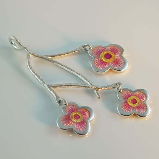 Enamel Cherry Blossom Branch Silver Pendant