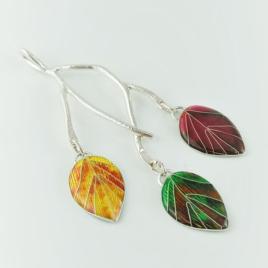 Triple Leaf Silver Branch Pendant Cloisonne Enamel