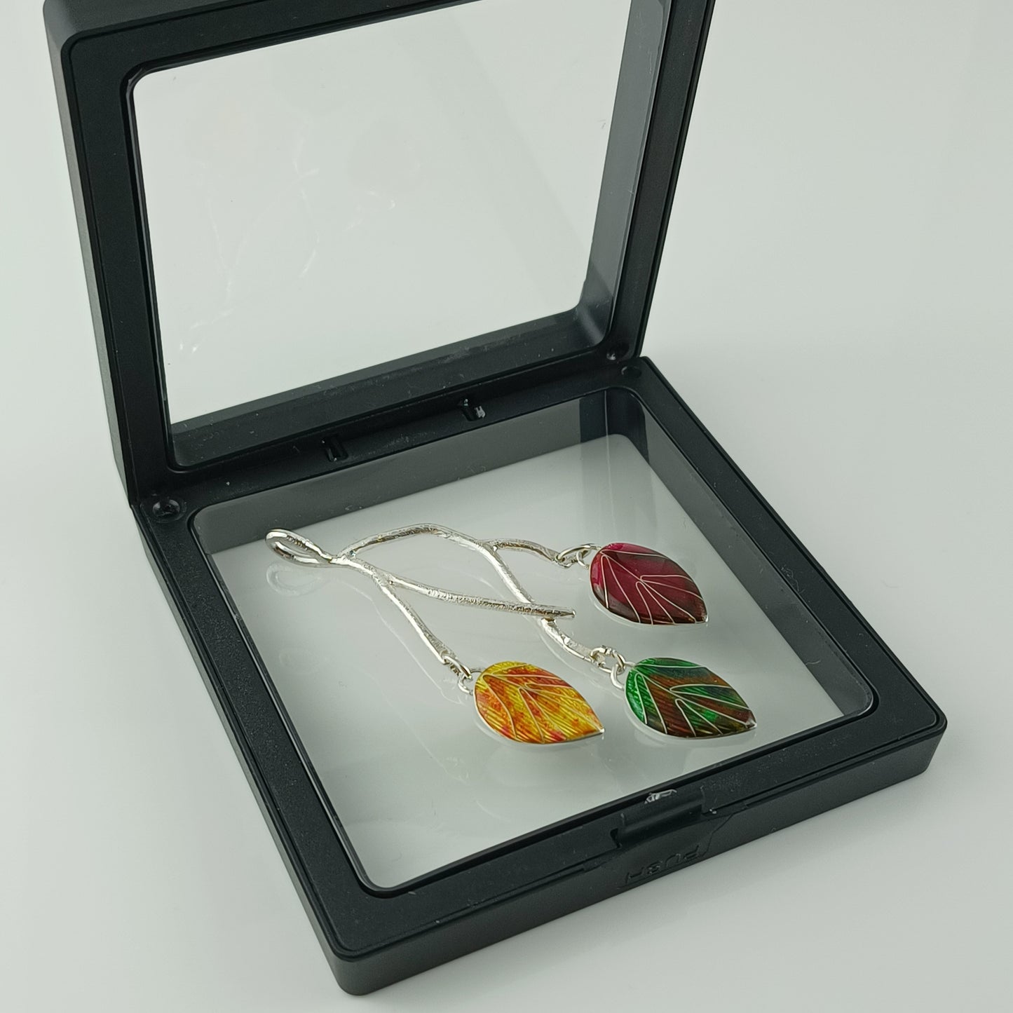 Triple Leaf Silver Branch Pendant Cloisonne Enamel