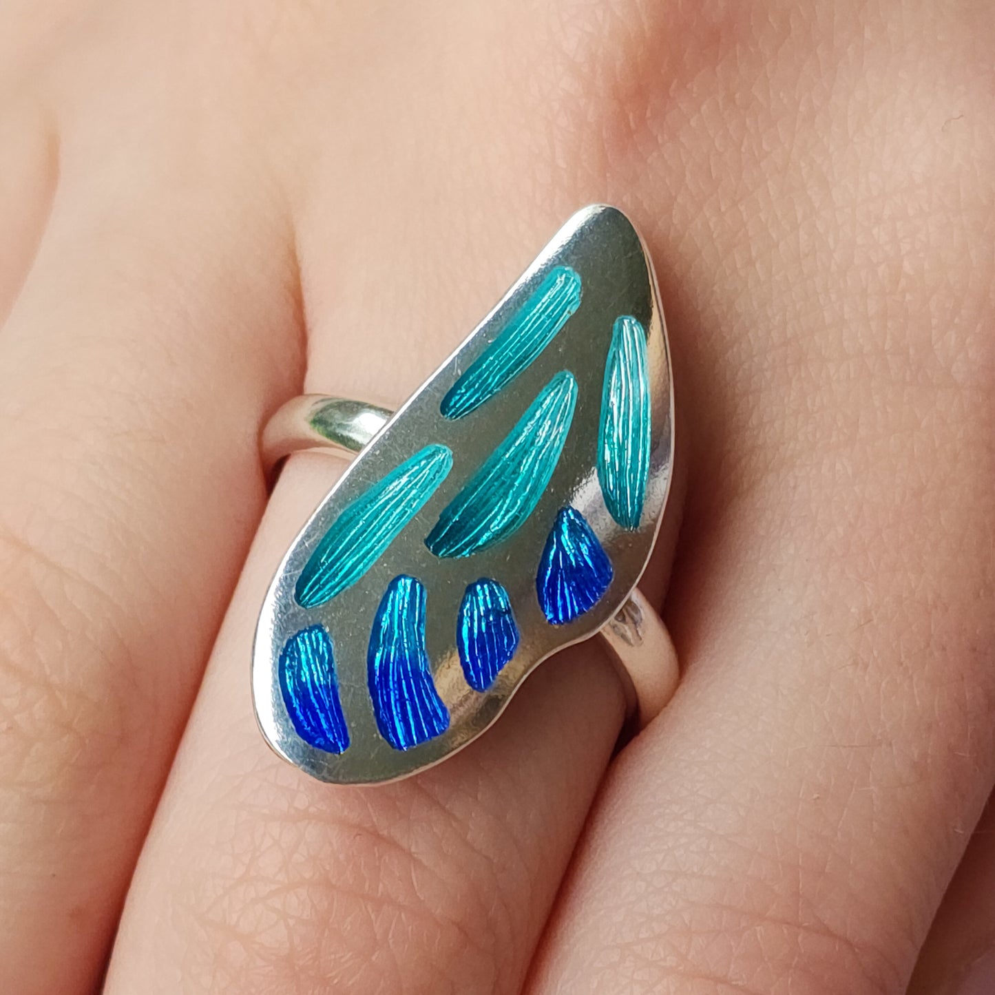 Blue & Aqua Butterfly Wing Champleve Silver Ring