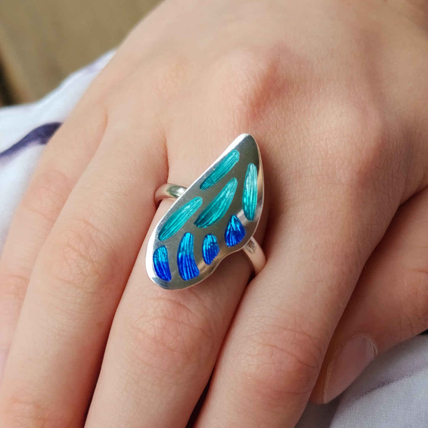 Blue & Aqua Butterfly Wing Champleve Silver Ring