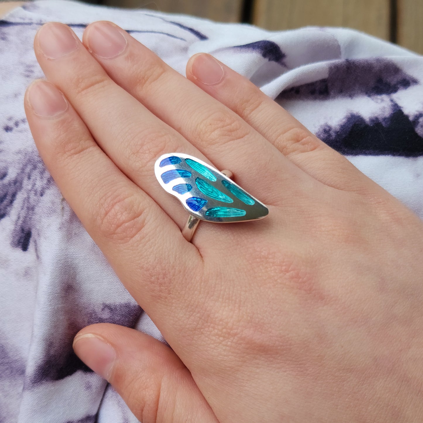Blue & Aqua Butterfly Wing Champleve Silver Ring