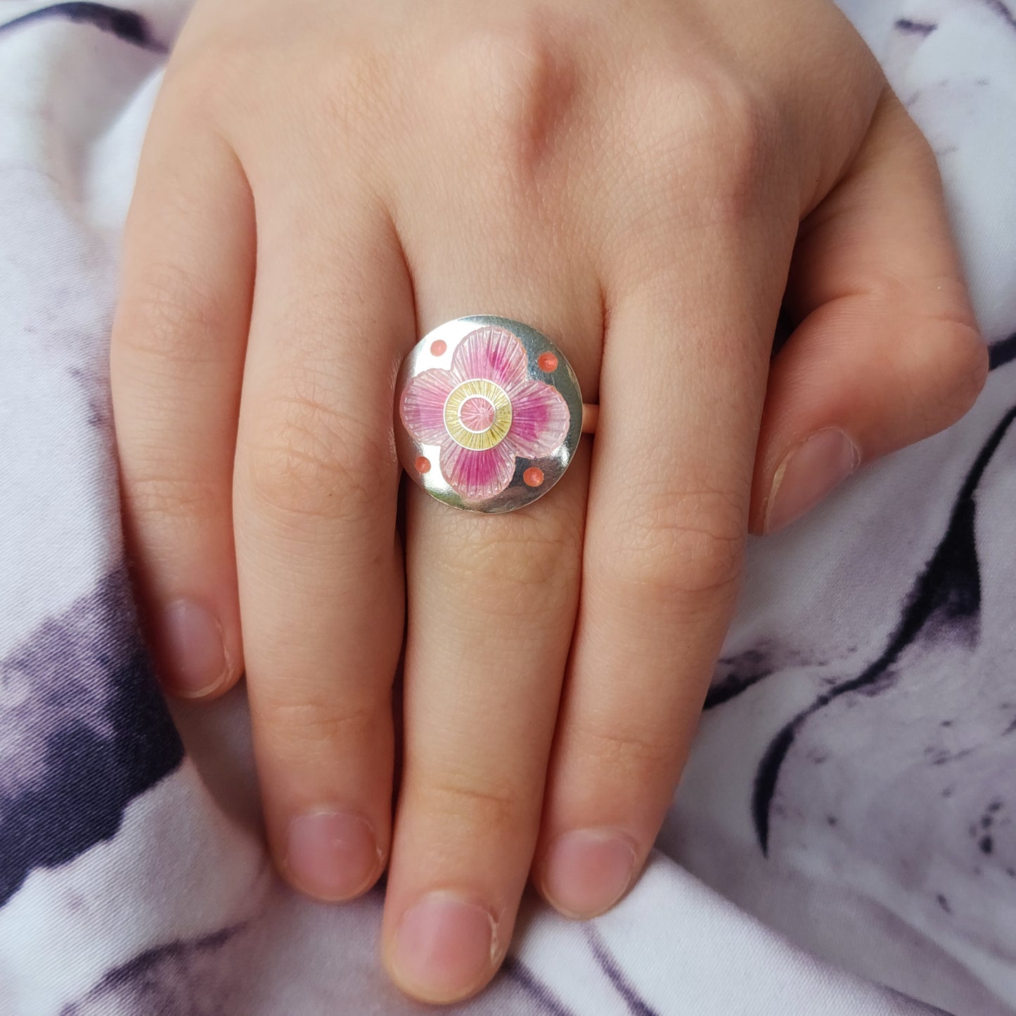 Champleve Enamel Silver Ring Cherry Blossom